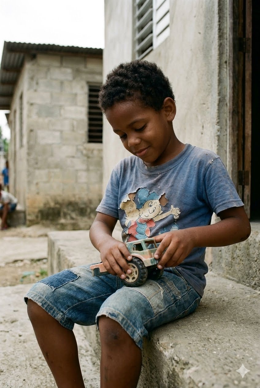 Niño jugando con un camioncito en su comunidad